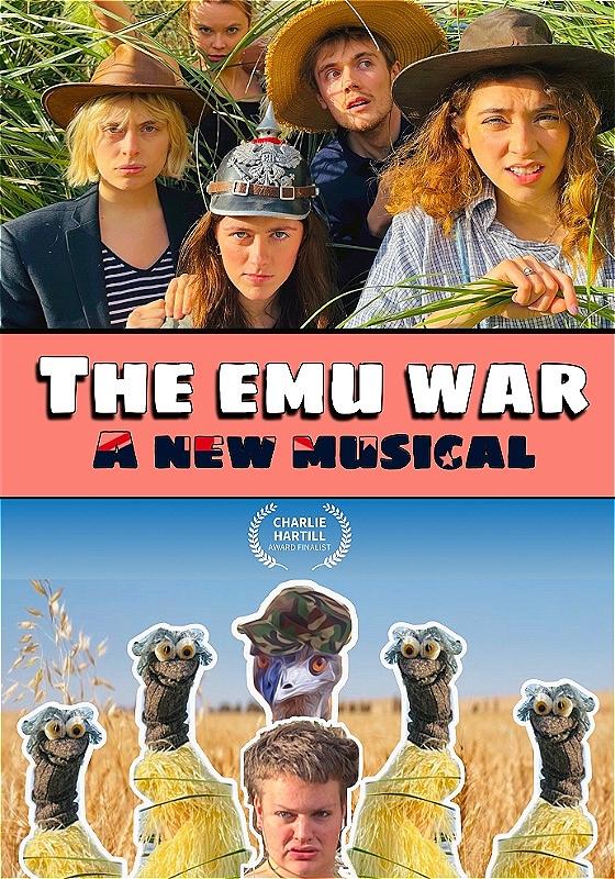 Five performers wear adventure hats amongst some tall grass. Below them is an image of five emus photoshopped into a field of wheat.
