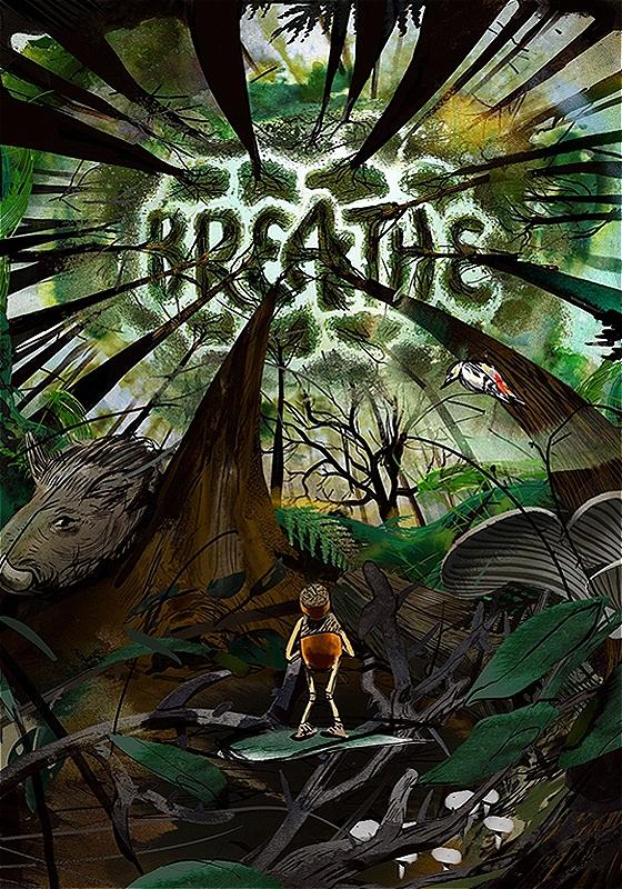 A cartoon image of a forest, with a character looking up into the high trees. In the sky, the show's title 'BREATHE' is written dark green. 