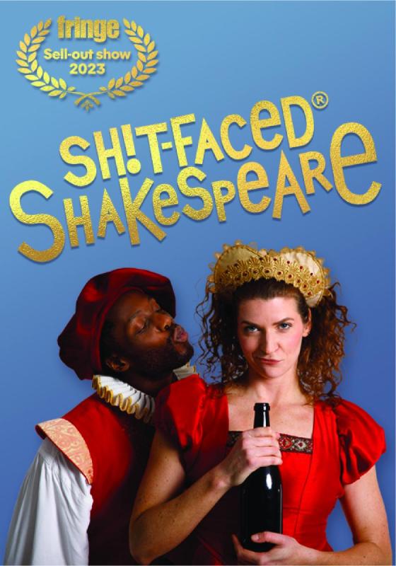 Two performers in Shakespearean dress. One is holding a bottle and smirks into the camera. 