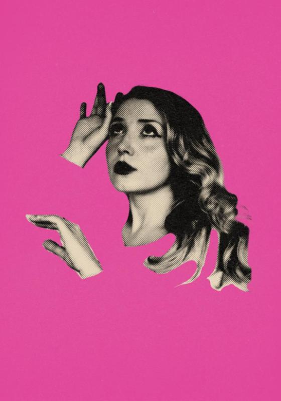 Woman head and hands in sepia tones looking up in a bright pink background