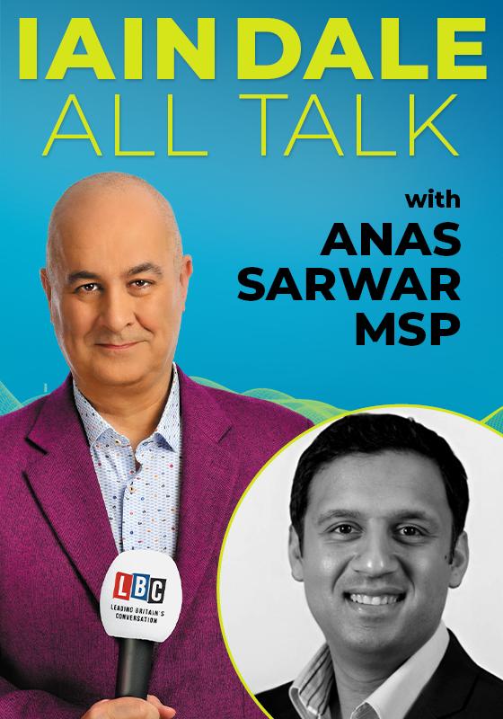 In front of a blue background, Iain Dale wears a purple suit and looks into the camera, holding a mic. Black and white headshot of Anas Sarwar MSP in bottom right.
