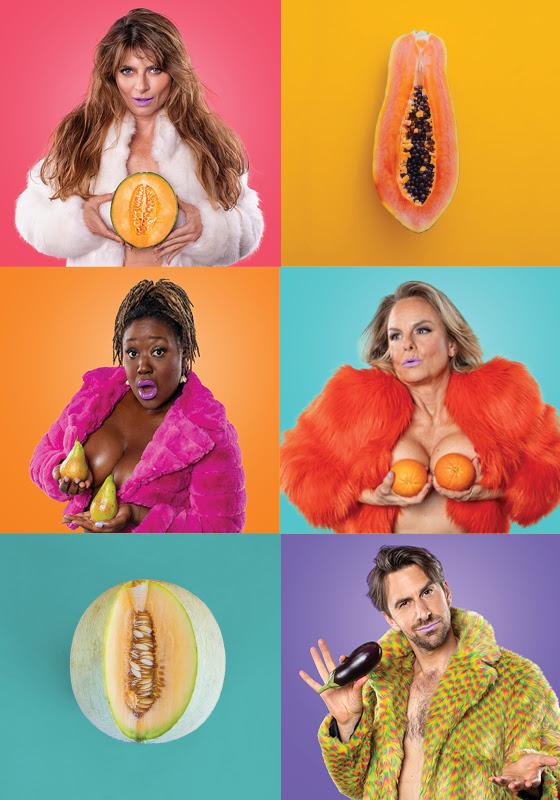 Four performers pose, each in front of a brightly coloured background. They all wear fur and purple lipstick, and are holding fruit. 