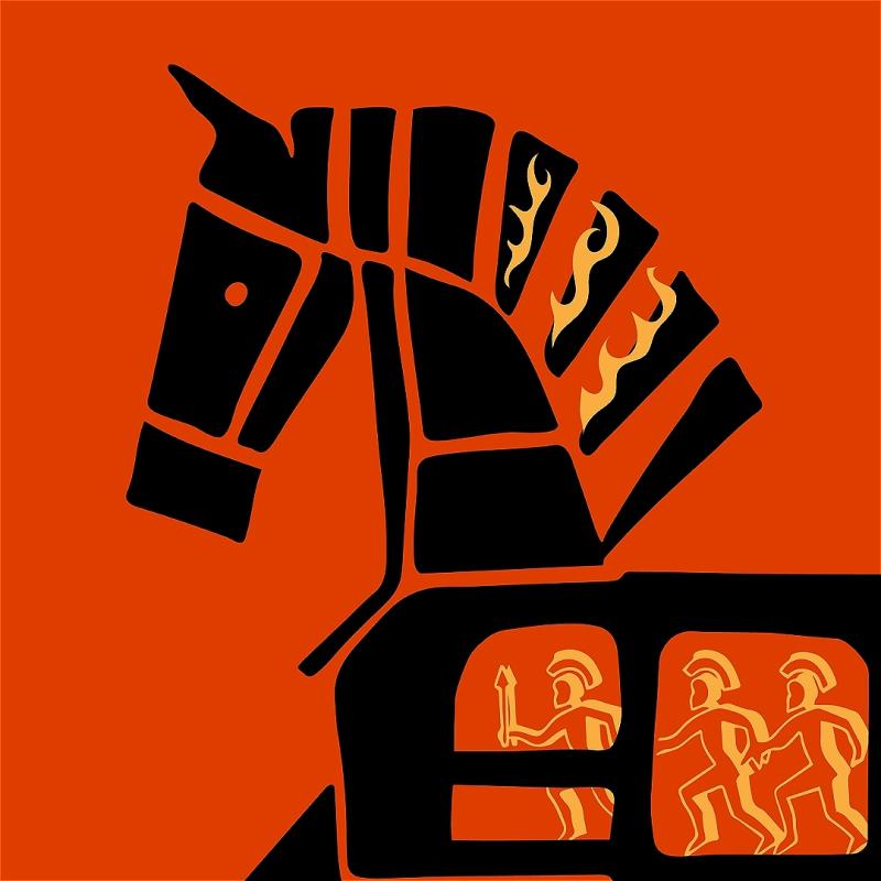 On a red background, there is a black cartoon of a horse with yellow flames and three soldiers in armour. 