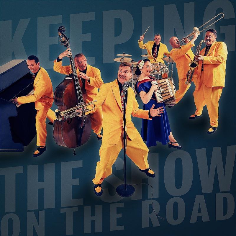 Seven musicians holding their instruments and wear yellow suits or a blue dress