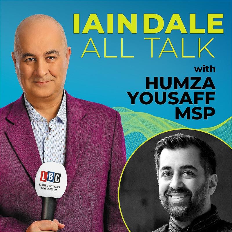 Iain Dale wears a purple suit and looks into the camera, holding a mic. In the bottom right, there is a picture of the guest - Humza Yousaff