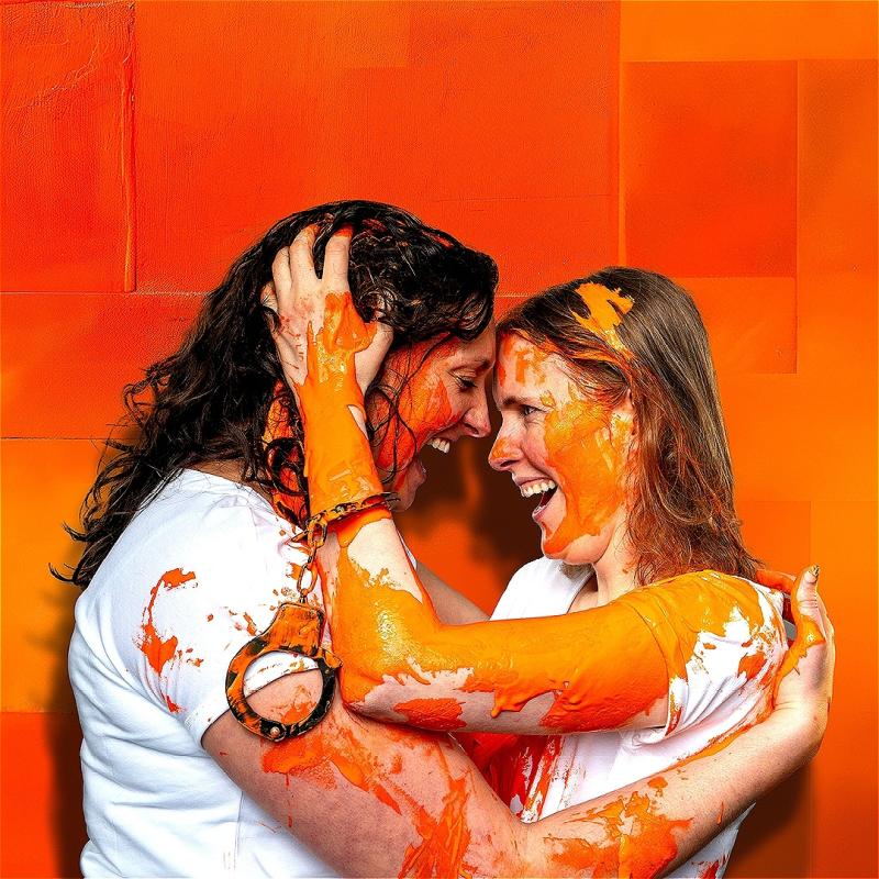 Two woman facing each other with a liberated expression. They are both covered in orange paint and one wears unchained handcuffs