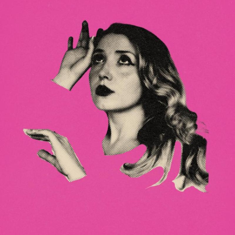 Woman head and hands in sepia tones looking up in a bright pink background