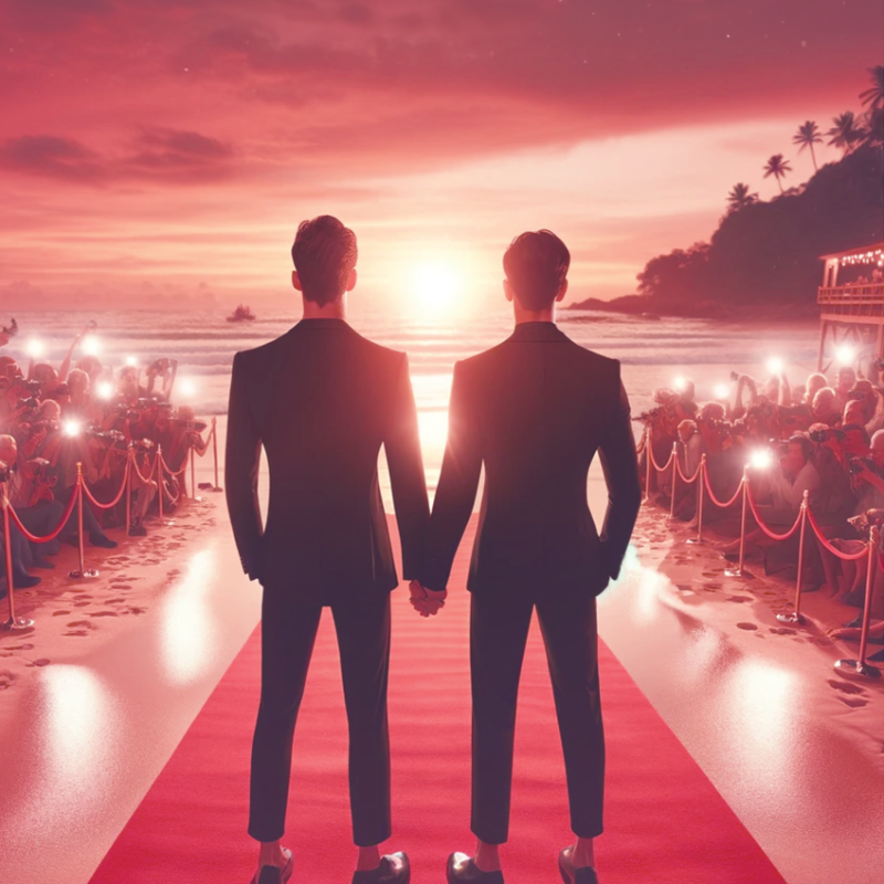2 performers on a red carpet, facing away from the camera towards a beach sunset. The sun is between their silhouetted heads. There are velvet ropes on either side of them, holding back an audience, flashing lights emanating from the crowd.