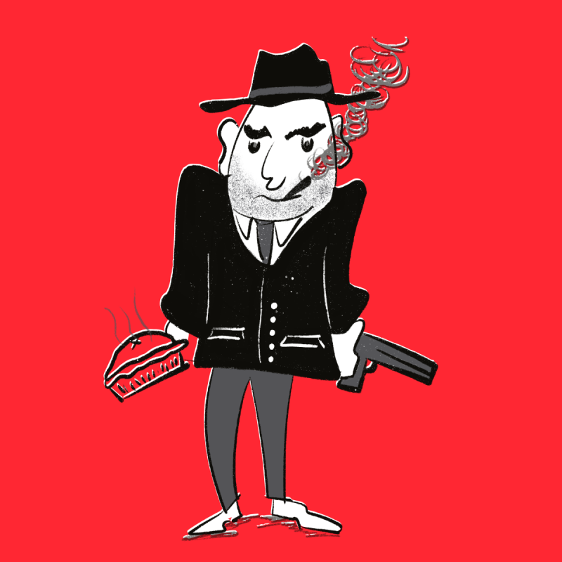 A red background with a cartoon image of a man in a suit holding a pie and a gun.
